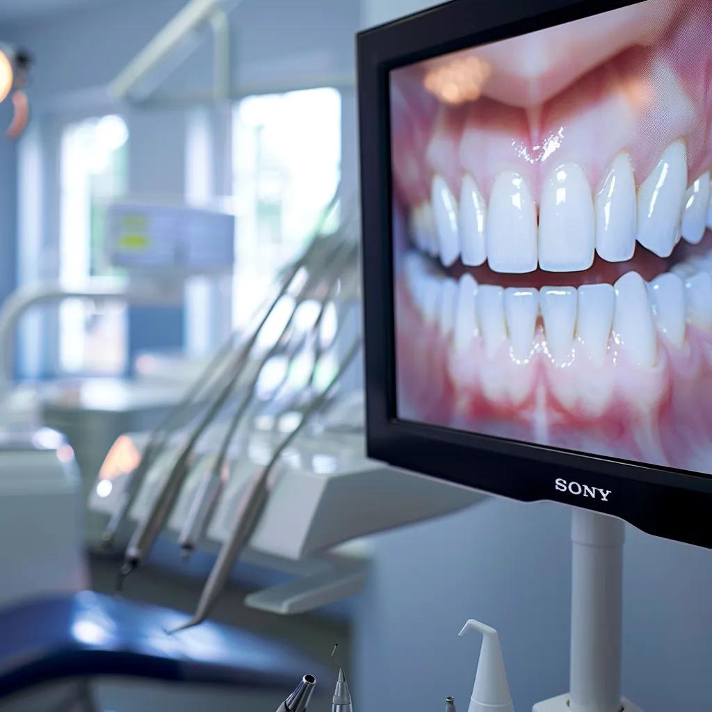 a sleek, modern dental office with a radiant smile displayed prominently on a digital screen, conveying a fresh and inviting atmosphere for cosmetic dentistry in charlotte, nc.