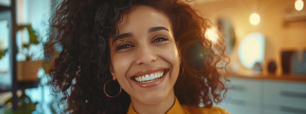 a sleek, modern dental office features a confident patient showcasing a radiant, transformed smile while consulting with a skilled cosmetic dentist amid high-tech equipment and elegant decor.