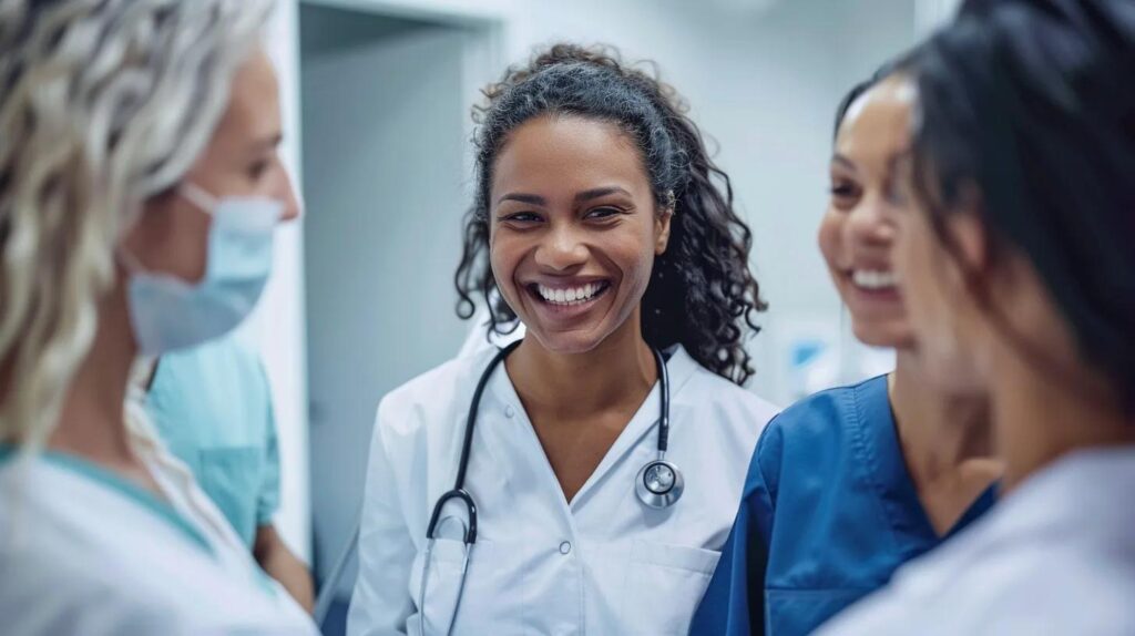 A smiling dental team greeting a happy patient into a modern office