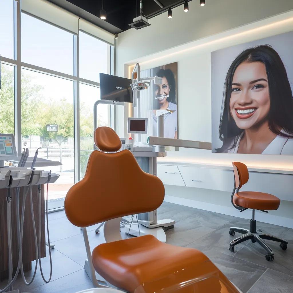 a modern orthodontic clinic featuring a sleek interior design, with a bright, inviting consultation room showcasing advanced dental equipment and an array of smiling patient portraits on the walls, emphasizing the transformative health benefits of orthodontic treatment.