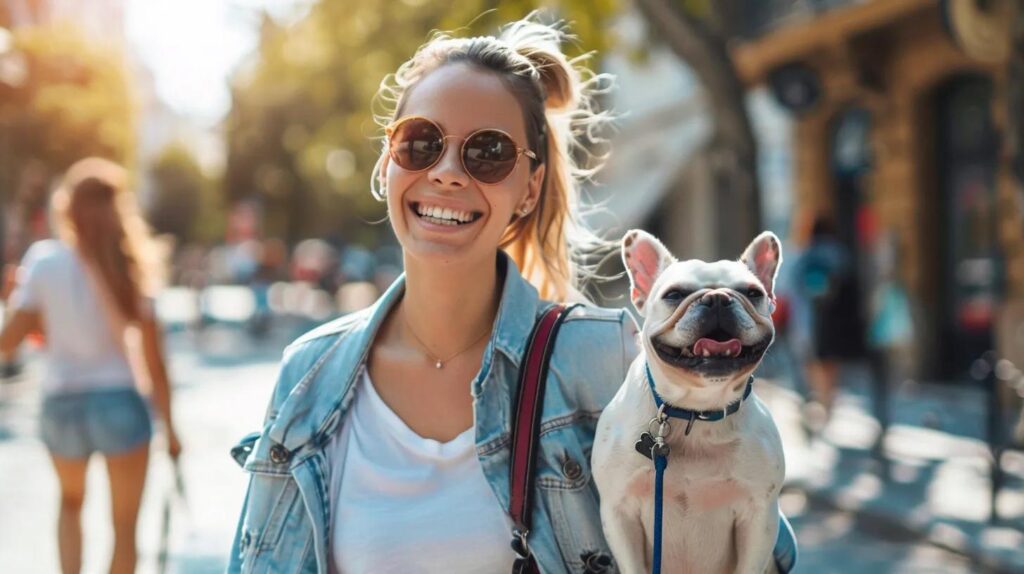 A women smiling with white healthy teeth walking her dog