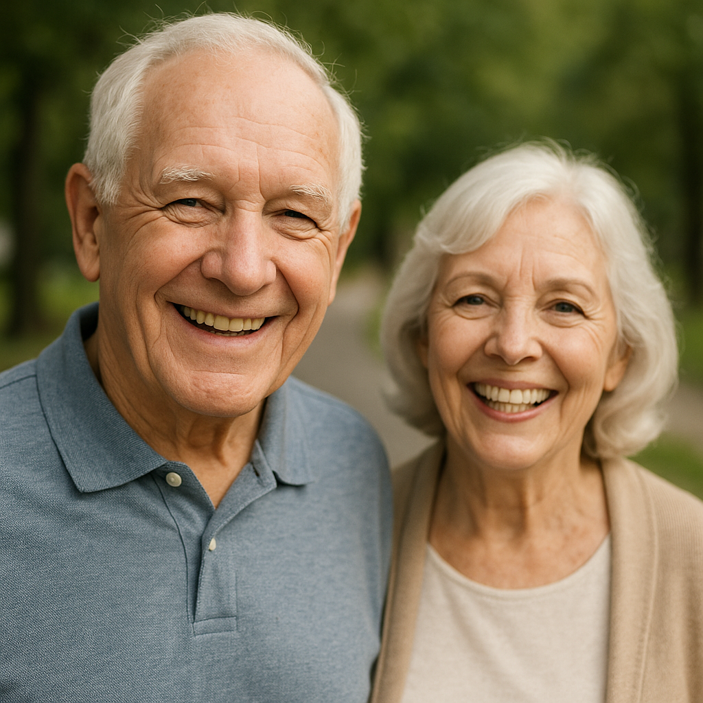 Smiling elderly couple enjoying outdoor time, representing family dental care and healthy smiles.