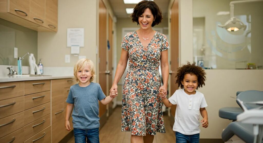 a happy middle aged women with her young children walking out of a dental office smiling