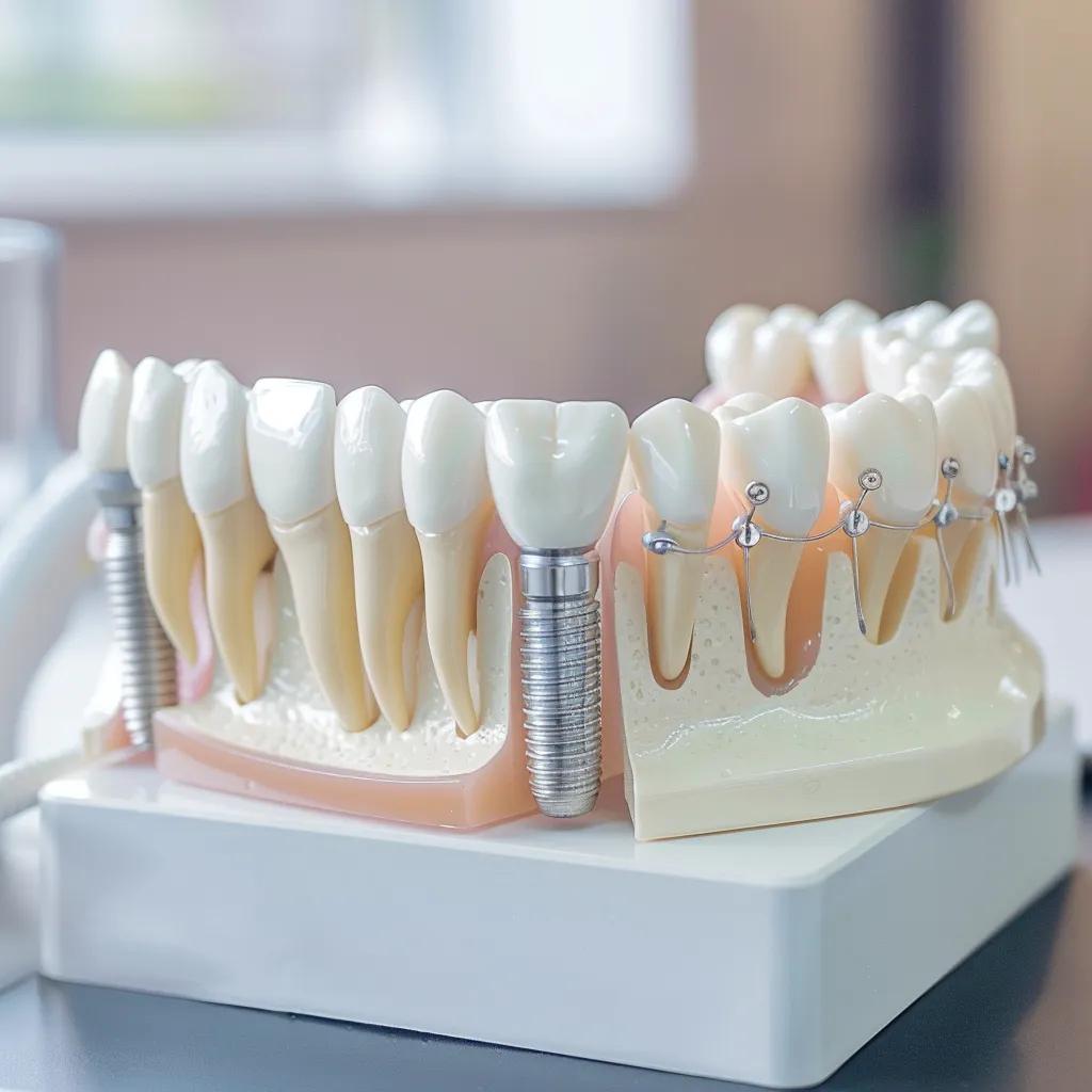 Close-up of a dental implant model and orthodontic braces, illustrating advanced dental restoration options