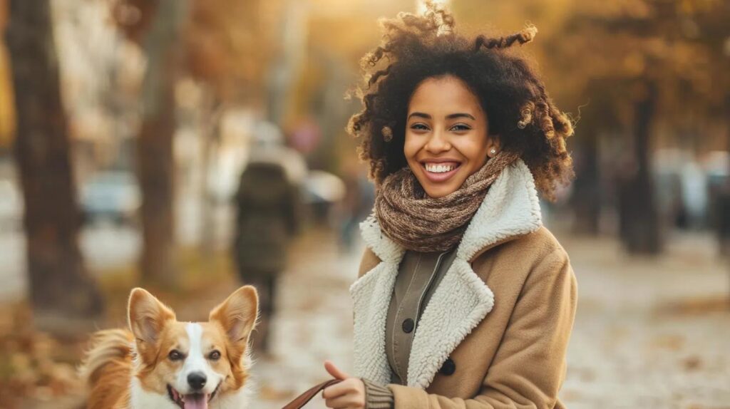 A women smiling with white healthy teeth walking her dog